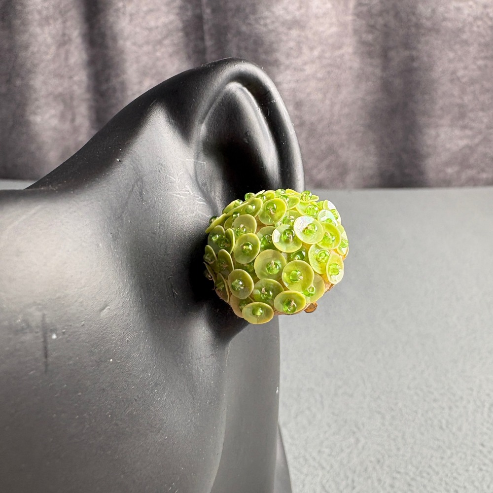 Vintage Hong Kong Green Sequin Bead Cluster Clip On Earrings Chartreuse Dome